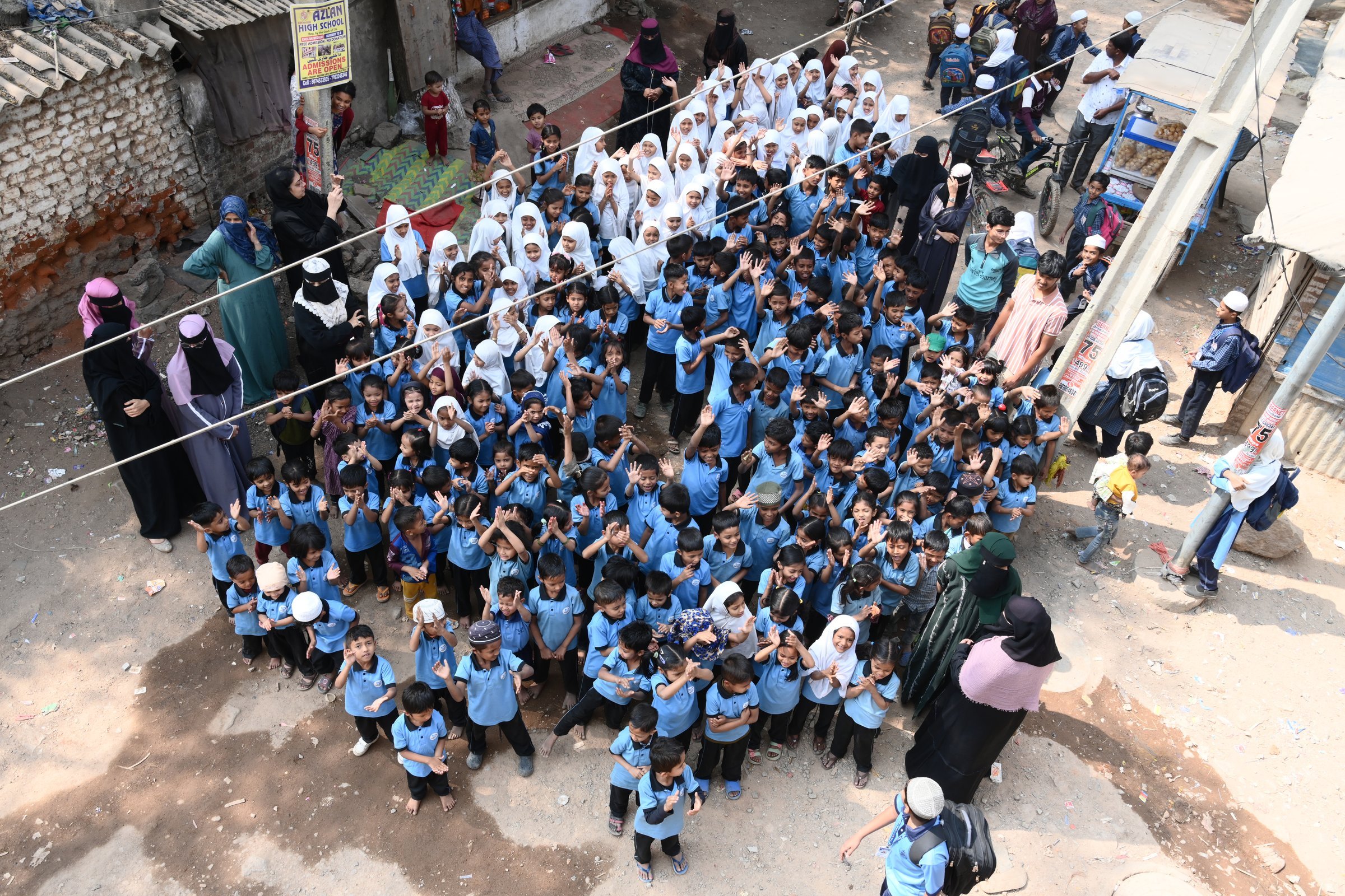 Students gathered outside the school in Hyderabad